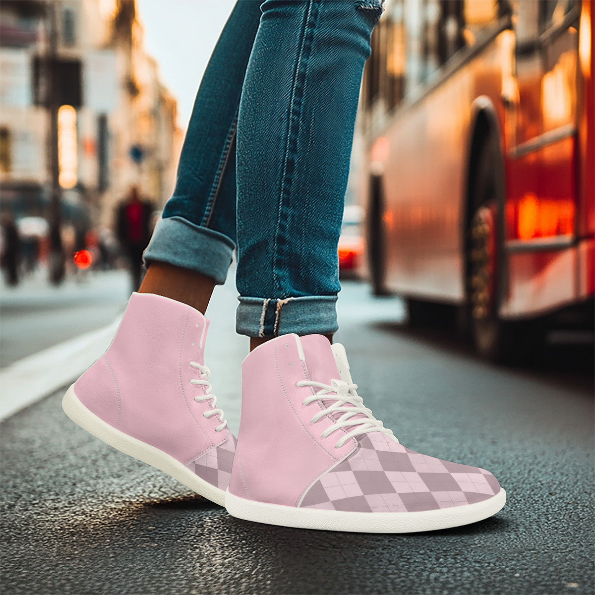PASTEL PINK ARGYLE ACCENT Unisex Barefoot High-Top Sneakers
