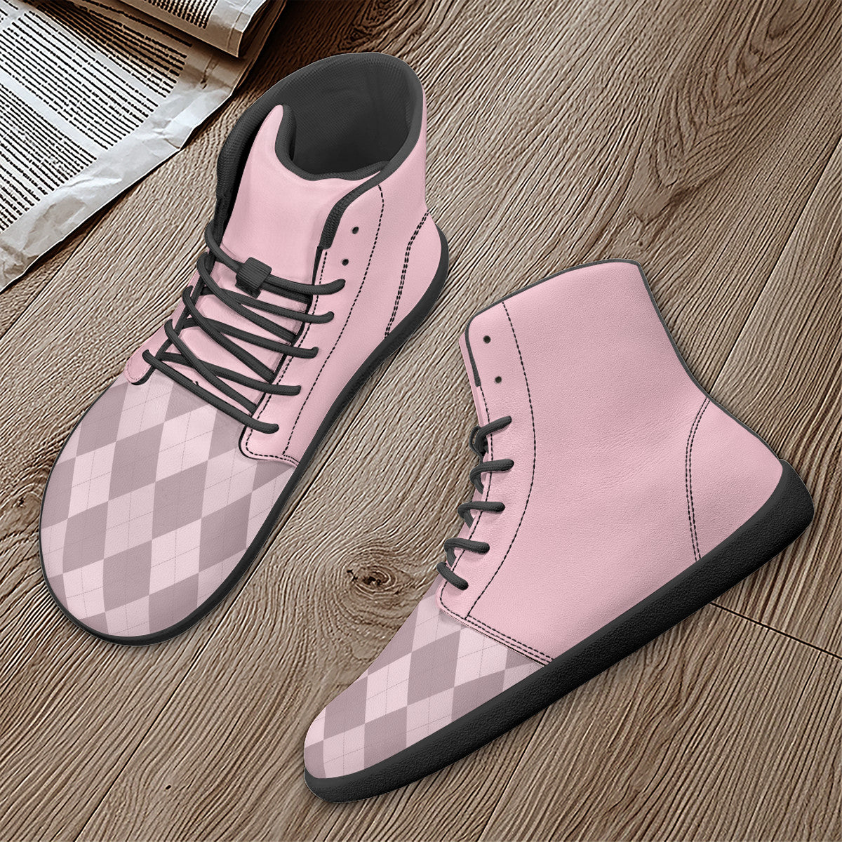 PASTEL PINK ARGYLE ACCENT Unisex Barefoot High-Top Sneakers